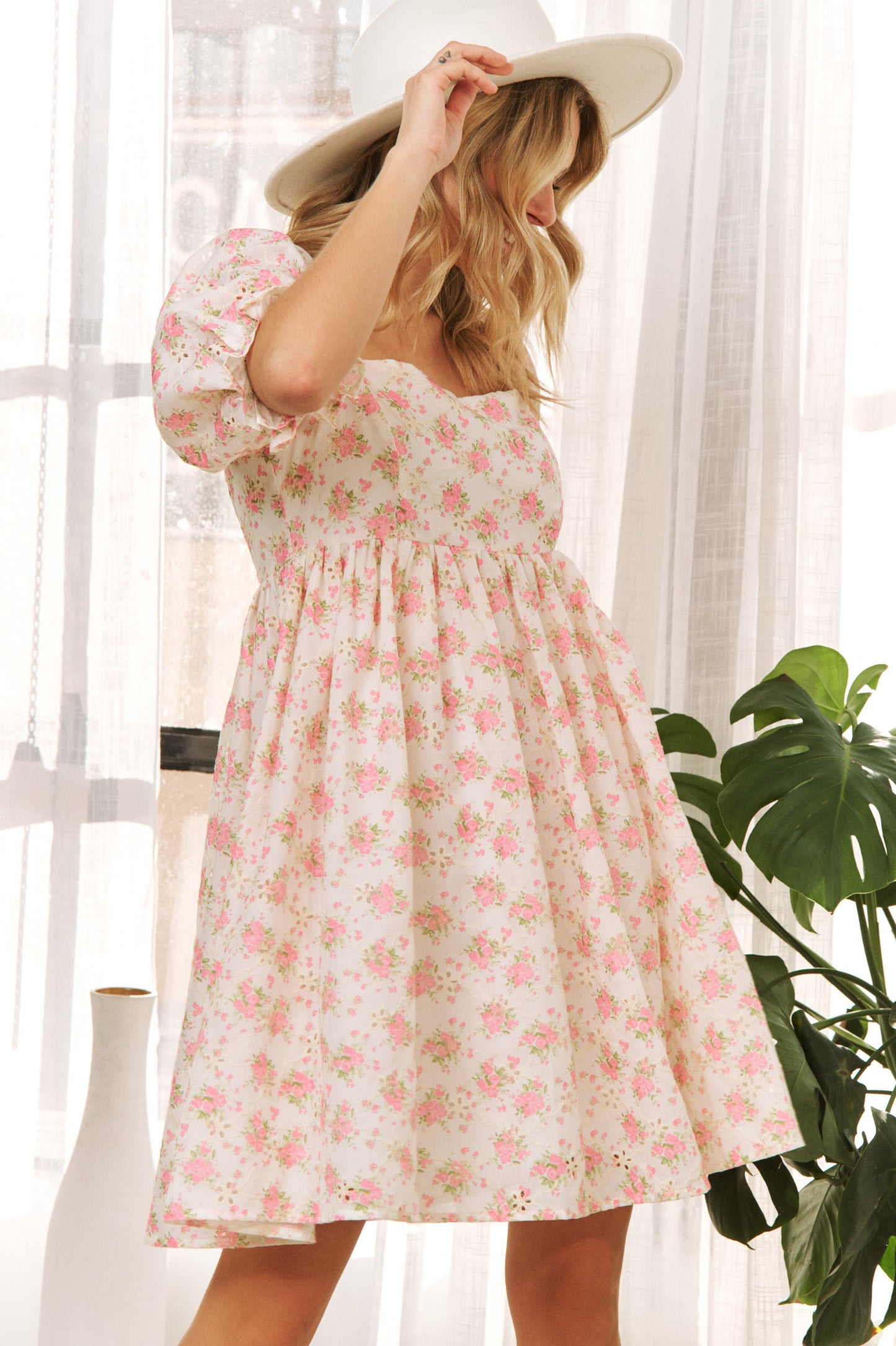 Curvy Cute Eyelet Floral Babydoll Mini Dress