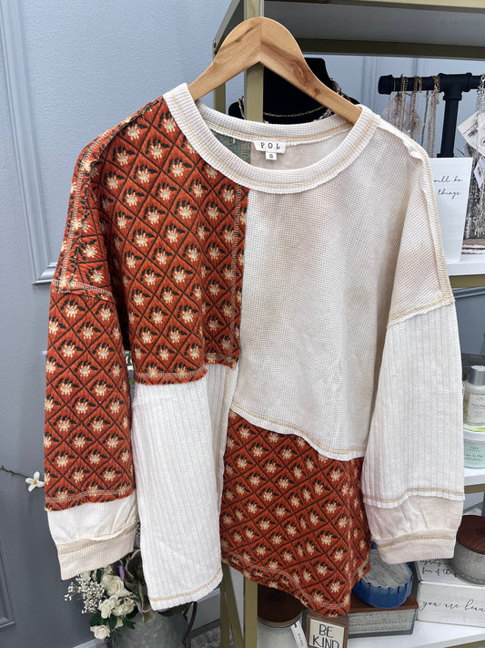 Whimsical Quilted Detail Henley Long Sleeve Top