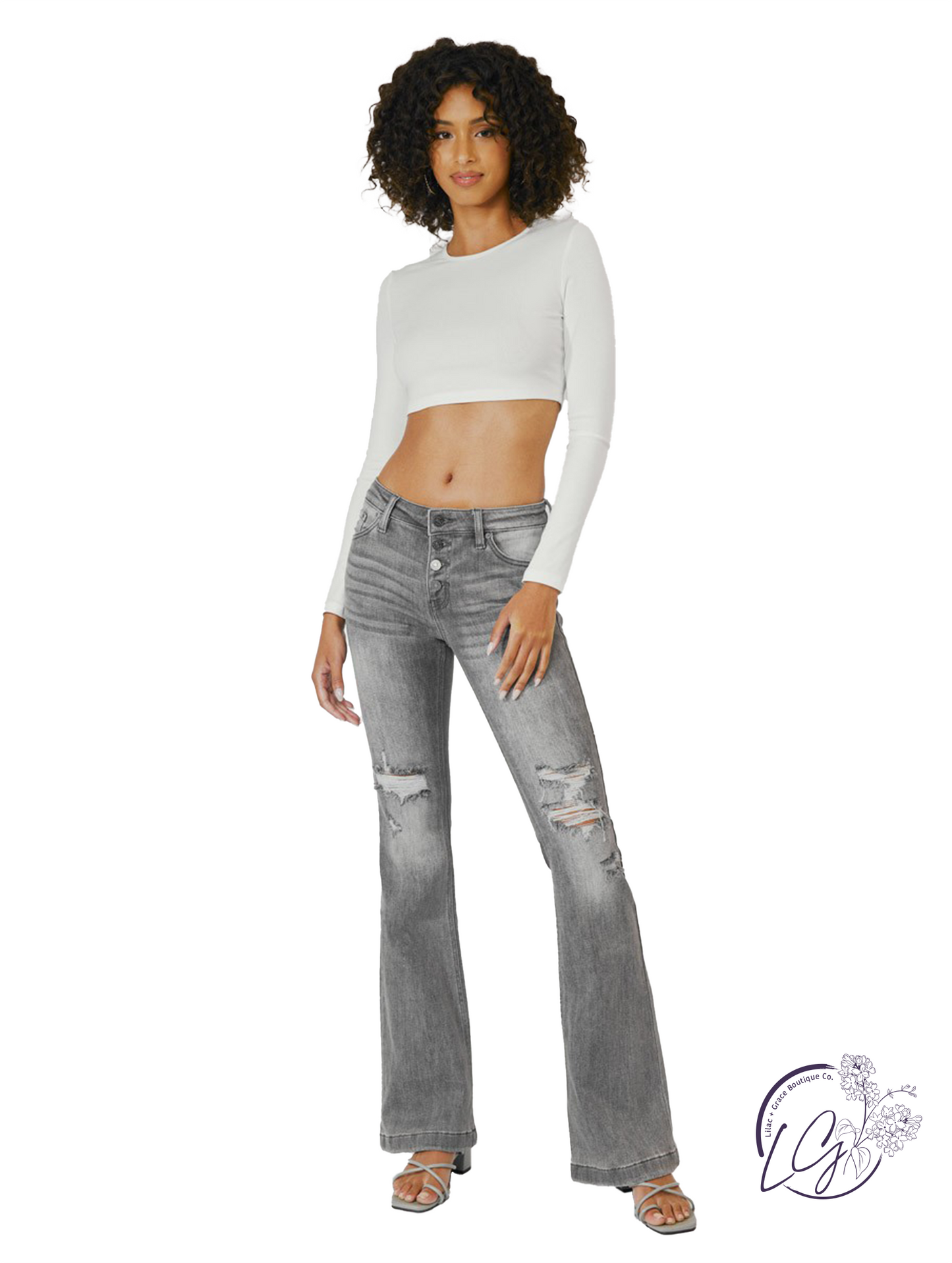 Nola Mid-Rise Button Fly Distressed Flare Jean by KanCan