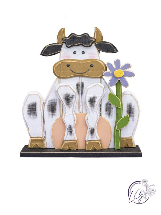 HAPPY SPRING DAIRY COW WOOD STANDER